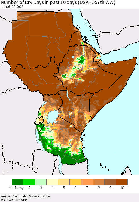 Eastern Africa Number of Dry Days in past 10 days (USAF 557th WW) Thematic Map For 1/6/2022 - 1/10/2022