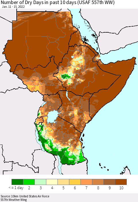 Eastern Africa Number of Dry Days in past 10 days (USAF 557th WW) Thematic Map For 1/11/2022 - 1/15/2022