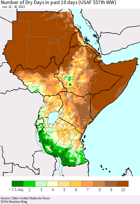 Eastern Africa Number of Dry Days in past 10 days (USAF 557th WW) Thematic Map For 1/16/2022 - 1/20/2022