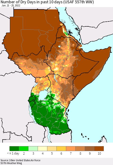 Eastern Africa Number of Dry Days in past 10 days (USAF 557th WW) Thematic Map For 1/21/2022 - 1/25/2022