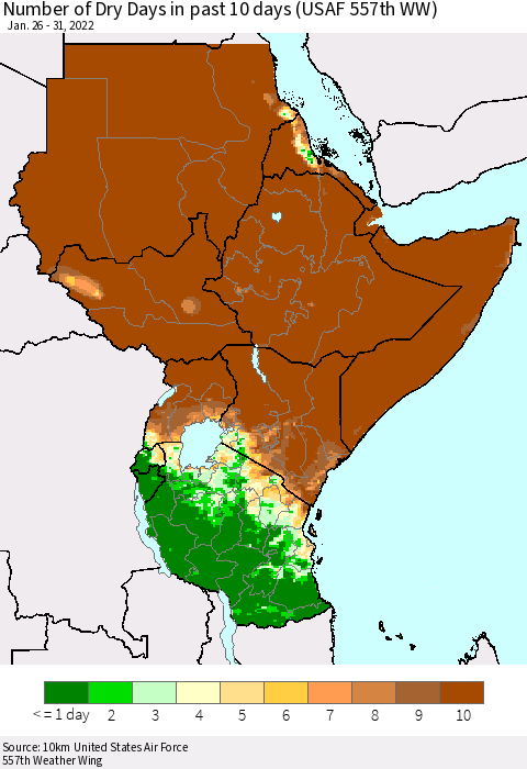 Eastern Africa Number of Dry Days in past 10 days (USAF 557th WW) Thematic Map For 1/26/2022 - 1/31/2022