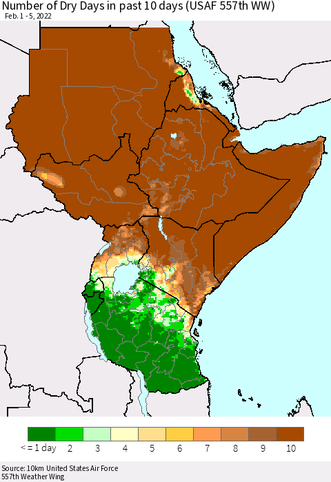 Eastern Africa Number of Dry Days in past 10 days (USAF 557th WW) Thematic Map For 2/1/2022 - 2/5/2022