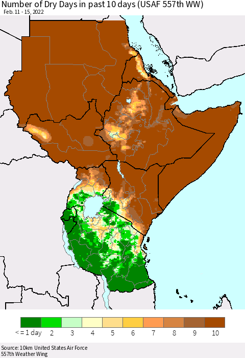 Eastern Africa Number of Dry Days in past 10 days (USAF 557th WW) Thematic Map For 2/11/2022 - 2/15/2022