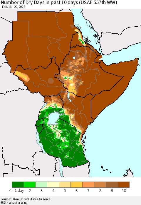 Eastern Africa Number of Dry Days in past 10 days (USAF 557th WW) Thematic Map For 2/16/2022 - 2/20/2022