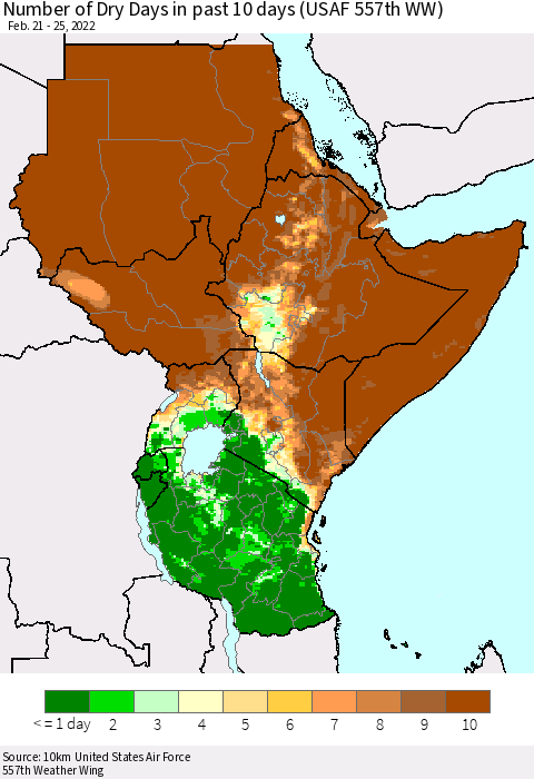 Eastern Africa Number of Dry Days in past 10 days (USAF 557th WW) Thematic Map For 2/21/2022 - 2/25/2022