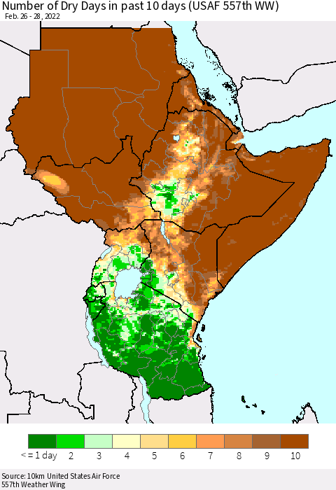 Eastern Africa Number of Dry Days in past 10 days (USAF 557th WW) Thematic Map For 2/26/2022 - 2/28/2022