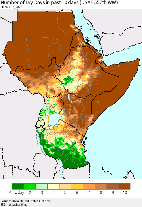 Eastern Africa Number of Dry Days in past 10 days (USAF 557th WW) Thematic Map For 3/1/2022 - 3/5/2022