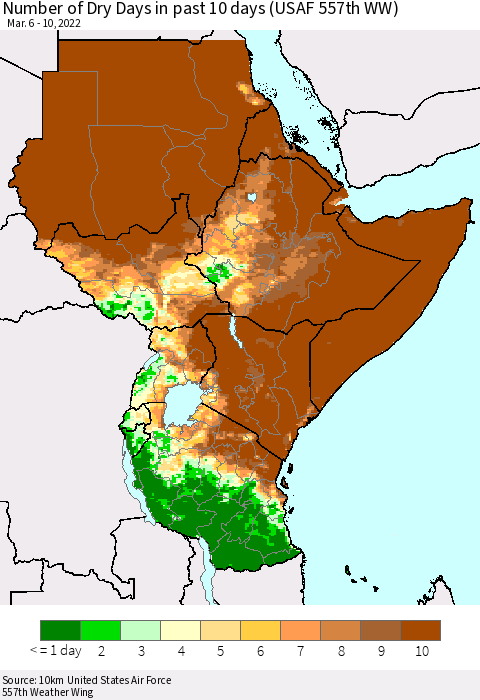 Eastern Africa Number of Dry Days in past 10 days (USAF 557th WW) Thematic Map For 3/6/2022 - 3/10/2022