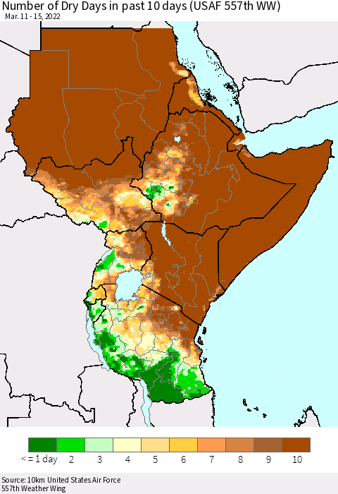 Eastern Africa Number of Dry Days in past 10 days (USAF 557th WW) Thematic Map For 3/11/2022 - 3/15/2022