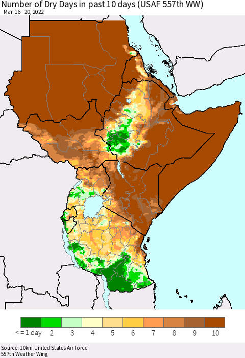 Eastern Africa Number of Dry Days in past 10 days (USAF 557th WW) Thematic Map For 3/16/2022 - 3/20/2022