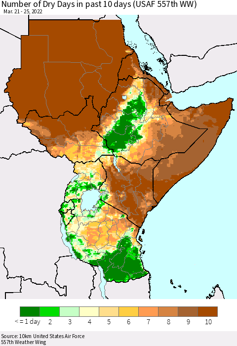 Eastern Africa Number of Dry Days in past 10 days (USAF 557th WW) Thematic Map For 3/21/2022 - 3/25/2022