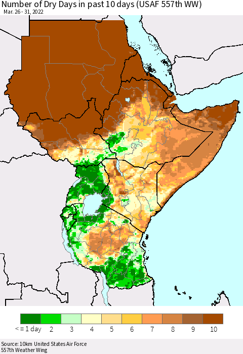 Eastern Africa Number of Dry Days in past 10 days (USAF 557th WW) Thematic Map For 3/26/2022 - 3/31/2022