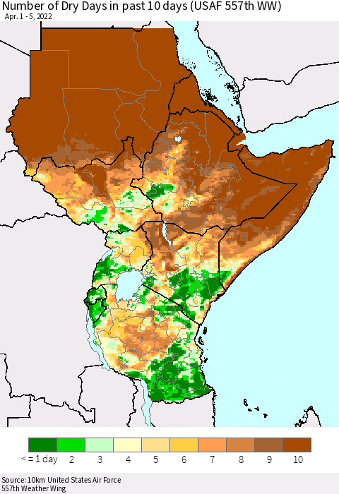 Eastern Africa Number of Dry Days in past 10 days (USAF 557th WW) Thematic Map For 4/1/2022 - 4/5/2022