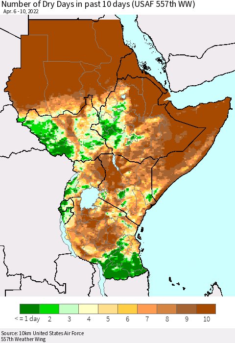 Eastern Africa Number of Dry Days in past 10 days (USAF 557th WW) Thematic Map For 4/6/2022 - 4/10/2022