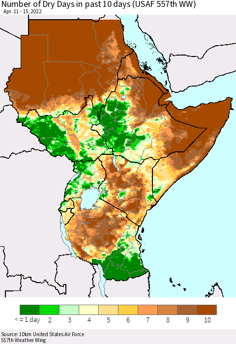 Eastern Africa Number of Dry Days in past 10 days (USAF 557th WW) Thematic Map For 4/11/2022 - 4/15/2022