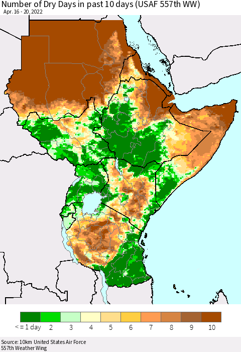 Eastern Africa Number of Dry Days in past 10 days (USAF 557th WW) Thematic Map For 4/16/2022 - 4/20/2022