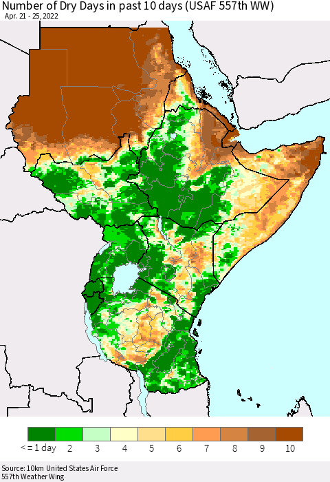 Eastern Africa Number of Dry Days in past 10 days (USAF 557th WW) Thematic Map For 4/21/2022 - 4/25/2022