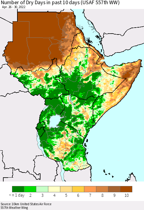 Eastern Africa Number of Dry Days in past 10 days (USAF 557th WW) Thematic Map For 4/26/2022 - 4/30/2022