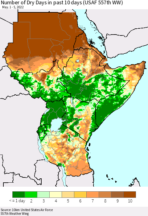 Eastern Africa Number of Dry Days in past 10 days (USAF 557th WW) Thematic Map For 5/1/2022 - 5/5/2022