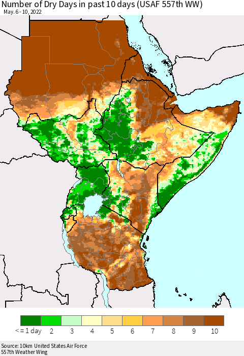 Eastern Africa Number of Dry Days in past 10 days (USAF 557th WW) Thematic Map For 5/6/2022 - 5/10/2022