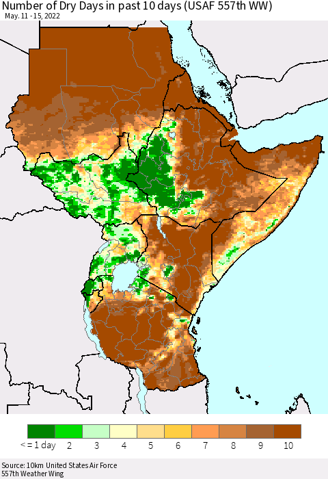 Eastern Africa Number of Dry Days in past 10 days (USAF 557th WW) Thematic Map For 5/11/2022 - 5/15/2022