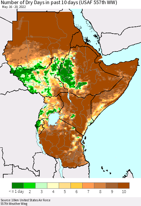 Eastern Africa Number of Dry Days in past 10 days (USAF 557th WW) Thematic Map For 5/16/2022 - 5/20/2022