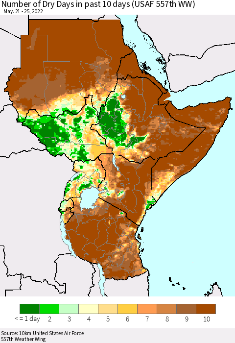 Eastern Africa Number of Dry Days in past 10 days (USAF 557th WW) Thematic Map For 5/21/2022 - 5/25/2022