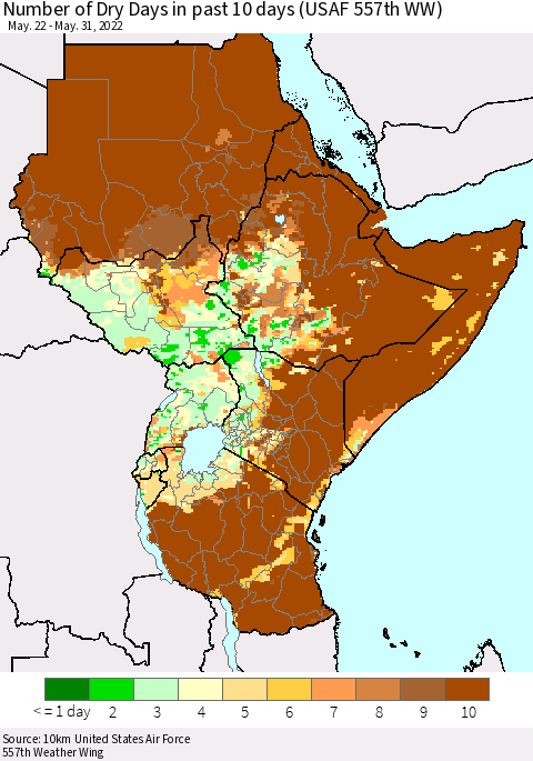 Eastern Africa Number of Dry Days in past 10 days (USAF 557th WW) Thematic Map For 5/26/2022 - 5/31/2022