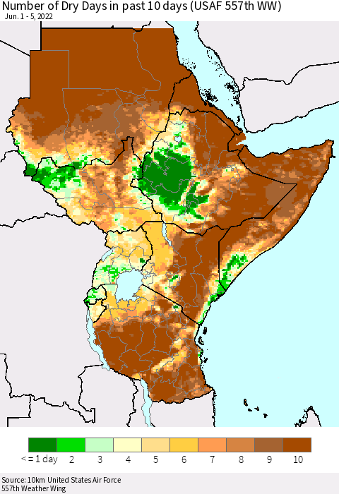 Eastern Africa Number of Dry Days in past 10 days (USAF 557th WW) Thematic Map For 6/1/2022 - 6/5/2022