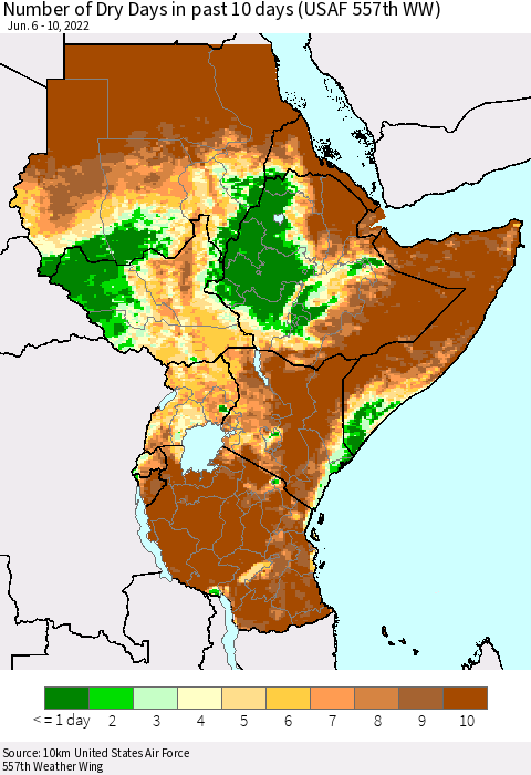 Eastern Africa Number of Dry Days in past 10 days (USAF 557th WW) Thematic Map For 6/6/2022 - 6/10/2022