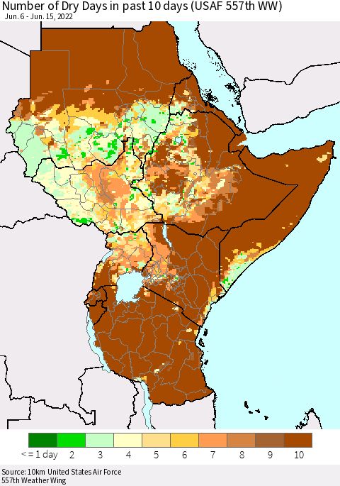 Eastern Africa Number of Dry Days in past 10 days (USAF 557th WW) Thematic Map For 6/11/2022 - 6/15/2022