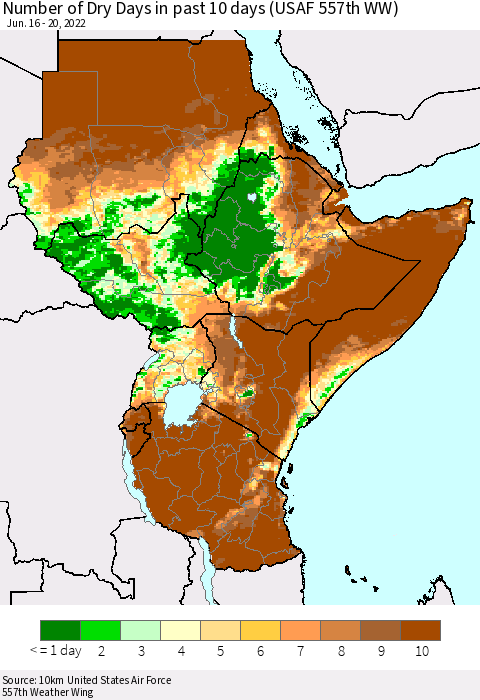 Eastern Africa Number of Dry Days in past 10 days (USAF 557th WW) Thematic Map For 6/16/2022 - 6/20/2022
