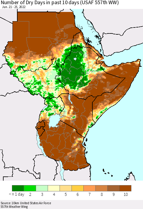 Eastern Africa Number of Dry Days in past 10 days (USAF 557th WW) Thematic Map For 6/21/2022 - 6/25/2022