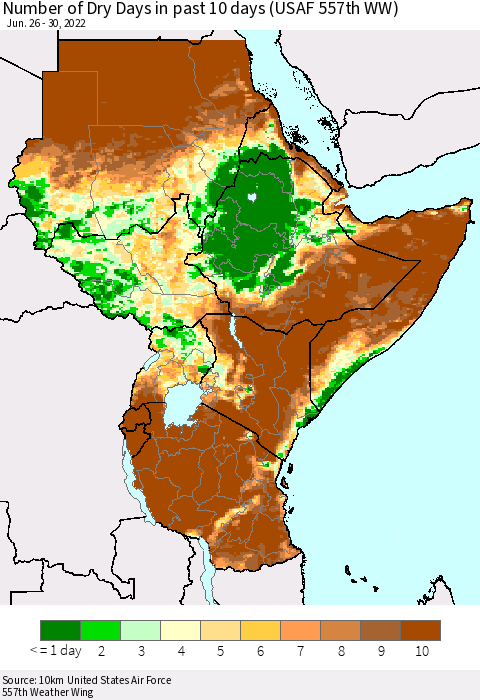 Eastern Africa Number of Dry Days in past 10 days (USAF 557th WW) Thematic Map For 6/26/2022 - 6/30/2022
