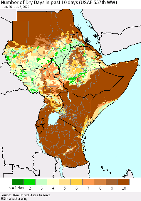 Eastern Africa Number of Dry Days in past 10 days (USAF 557th WW) Thematic Map For 7/1/2022 - 7/5/2022