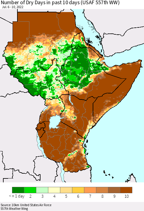 Eastern Africa Number of Dry Days in past 10 days (USAF 557th WW) Thematic Map For 7/6/2022 - 7/10/2022