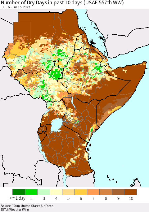 Eastern Africa Number of Dry Days in past 10 days (USAF 557th WW) Thematic Map For 7/11/2022 - 7/15/2022