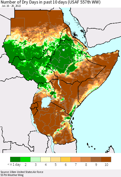 Eastern Africa Number of Dry Days in past 10 days (USAF 557th WW) Thematic Map For 7/16/2022 - 7/20/2022