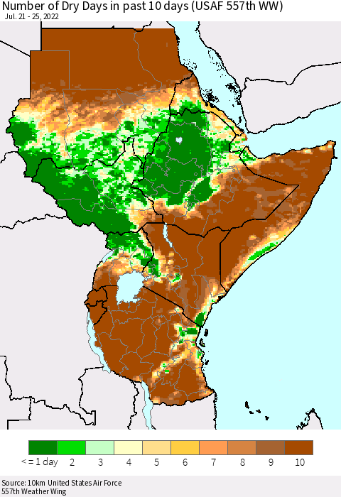 Eastern Africa Number of Dry Days in past 10 days (USAF 557th WW) Thematic Map For 7/21/2022 - 7/25/2022
