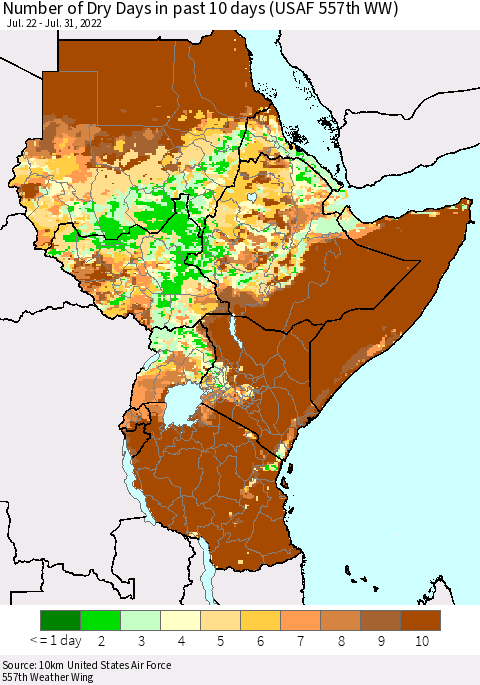 Eastern Africa Number of Dry Days in past 10 days (USAF 557th WW) Thematic Map For 7/26/2022 - 7/31/2022