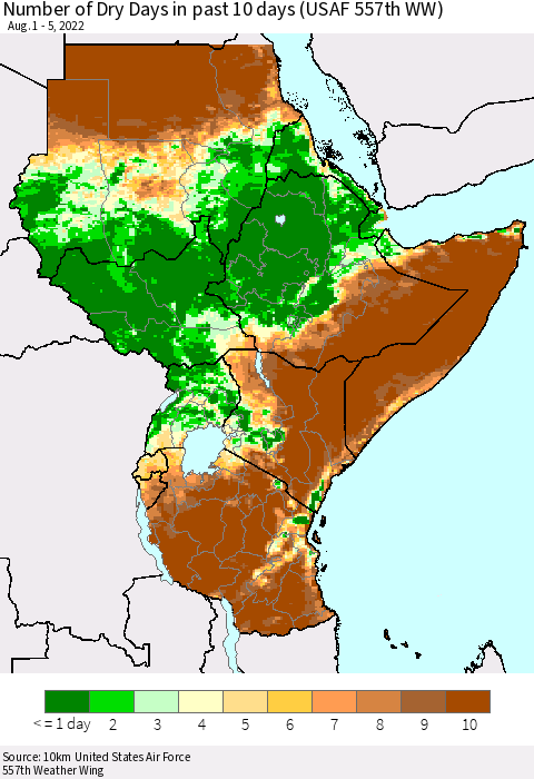 Eastern Africa Number of Dry Days in past 10 days (USAF 557th WW) Thematic Map For 8/1/2022 - 8/5/2022