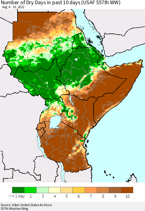Eastern Africa Number of Dry Days in past 10 days (USAF 557th WW) Thematic Map For 8/6/2022 - 8/10/2022
