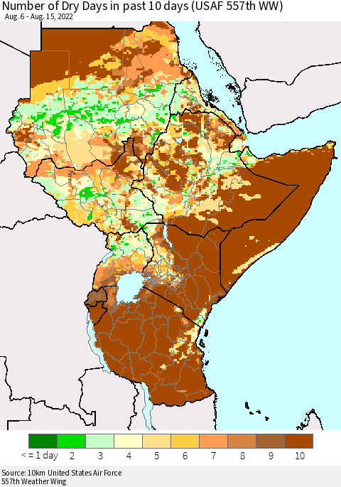 Eastern Africa Number of Dry Days in past 10 days (USAF 557th WW) Thematic Map For 8/11/2022 - 8/15/2022