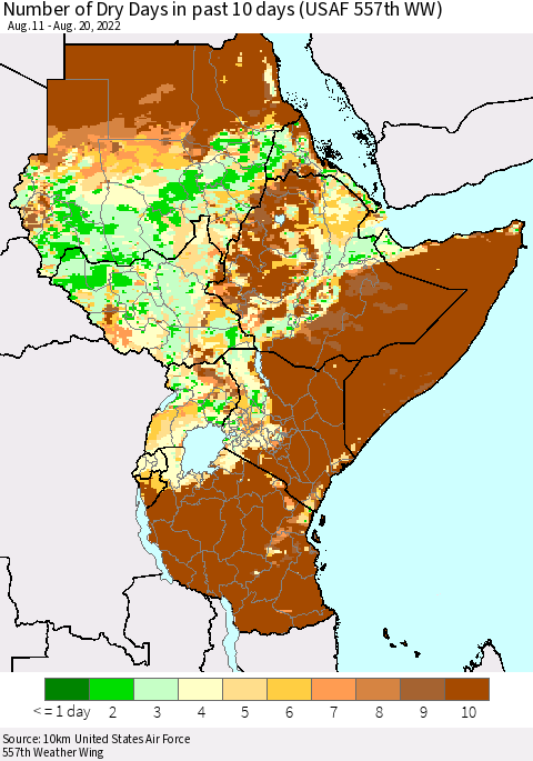 Eastern Africa Number of Dry Days in past 10 days (USAF 557th WW) Thematic Map For 8/16/2022 - 8/20/2022