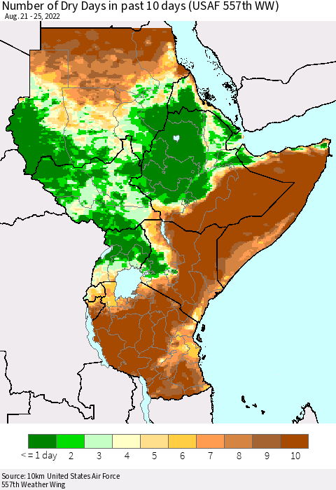 Eastern Africa Number of Dry Days in past 10 days (USAF 557th WW) Thematic Map For 8/21/2022 - 8/25/2022