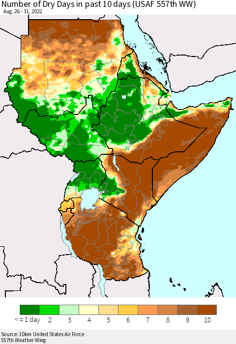 Eastern Africa Number of Dry Days in past 10 days (USAF 557th WW) Thematic Map For 8/26/2022 - 8/31/2022