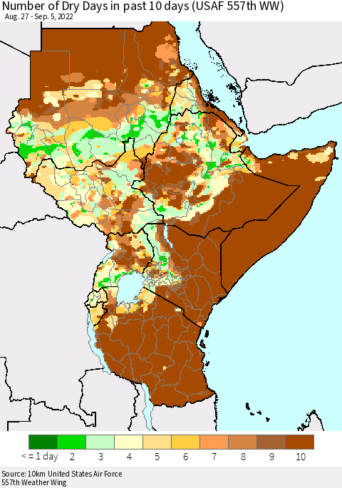 Eastern Africa Number of Dry Days in past 10 days (USAF 557th WW) Thematic Map For 9/1/2022 - 9/5/2022