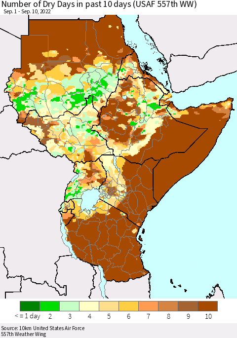 Eastern Africa Number of Dry Days in past 10 days (USAF 557th WW) Thematic Map For 9/6/2022 - 9/10/2022