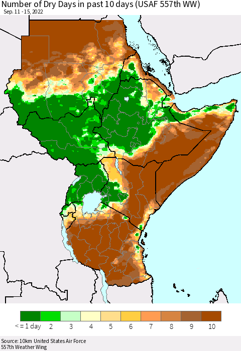 Eastern Africa Number of Dry Days in past 10 days (USAF 557th WW) Thematic Map For 9/11/2022 - 9/15/2022