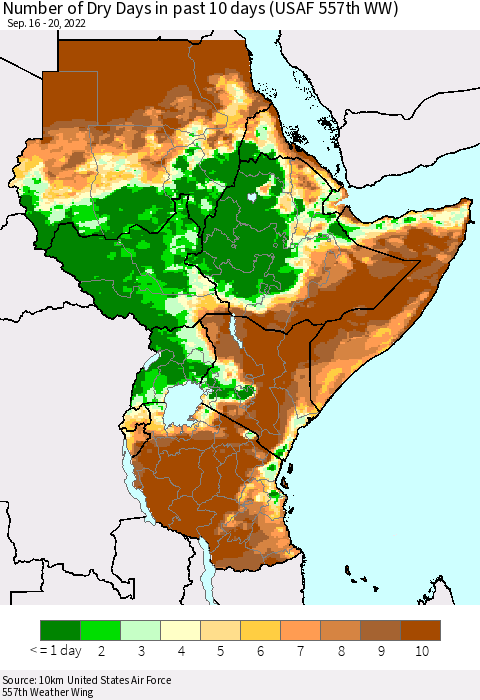 Eastern Africa Number of Dry Days in past 10 days (USAF 557th WW) Thematic Map For 9/16/2022 - 9/20/2022